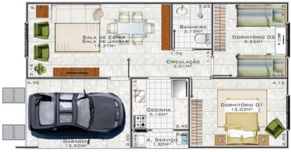 Dessin de type maison de deux chambres et une place de parking