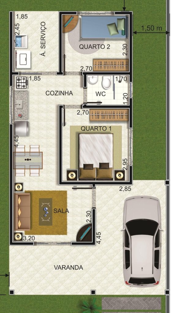 Plan d'étage d'une maison avec deux chambres et deux pièces