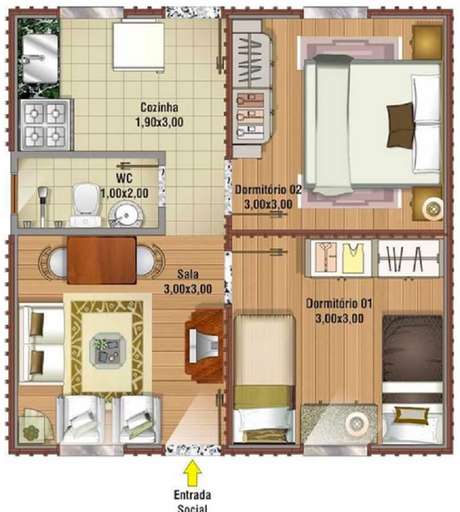 Plan d'étage de la maison avec 2 chambres et salle de bain