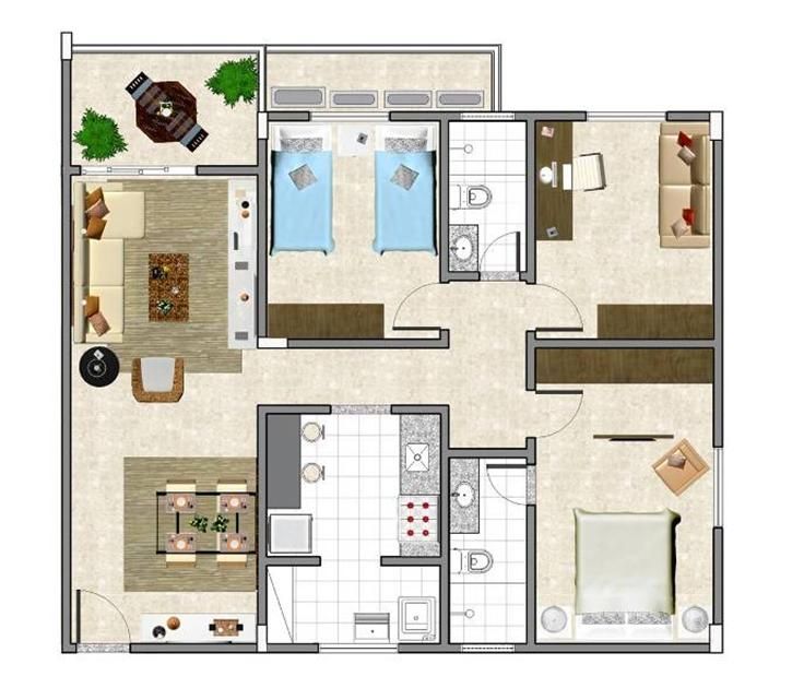 Plan d'étage de la maison avec 2 chambres et 1 suite