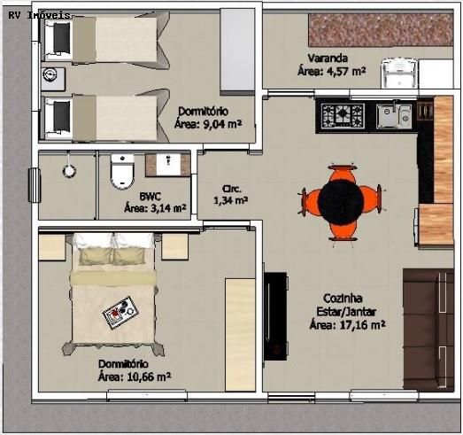 Plan d'étage de la maison avec 2 chambres et salon et salle à manger 