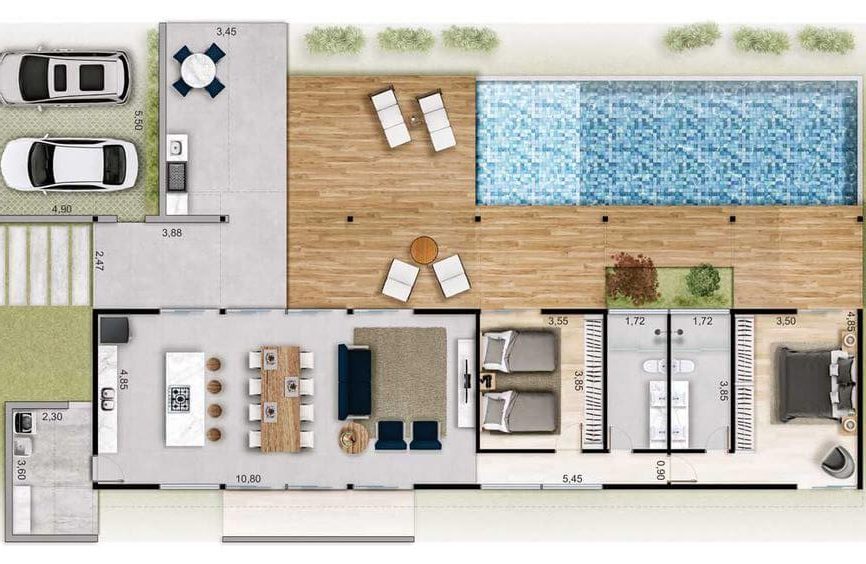 plan de maison avec deux chambres et piscine 