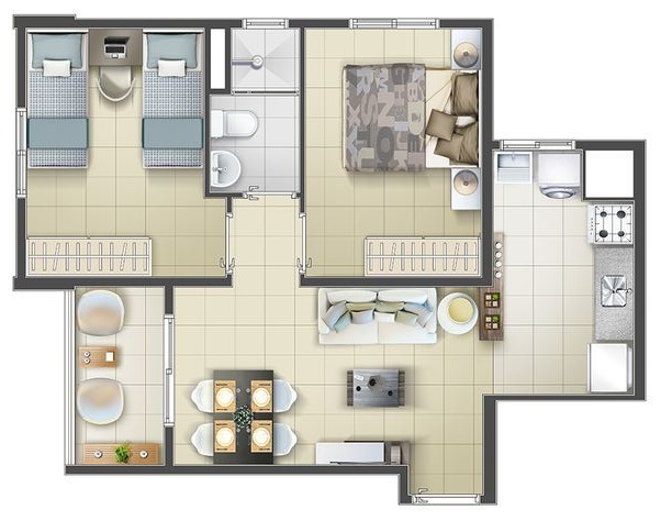 Plan de la maison avec 2 chambres et balcon