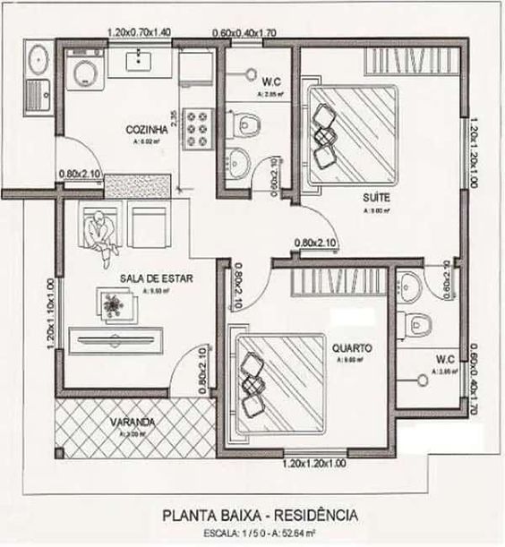 Plan d'étage de la maison avec 2 chambres et 1 suite