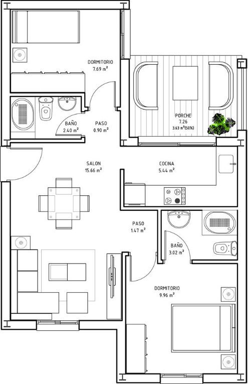 Plan de la maison avec 2 chambres et balcon