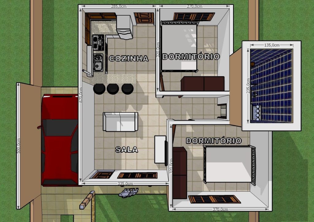 Plan de maison de deux chambres avec cuisine ouverte