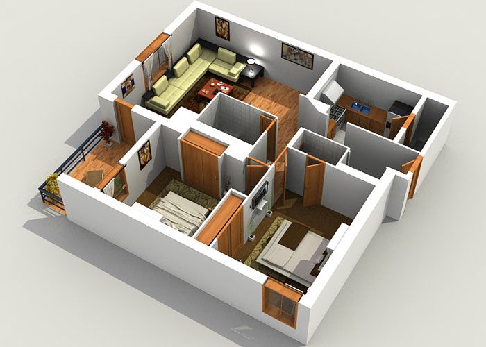 Plan de la maison avec 2 chambres et balcon