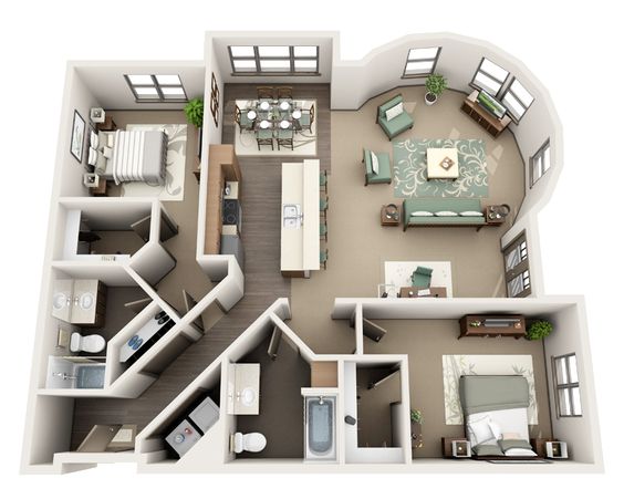 Plan d'étage d'une maison avec 2 chambres et salon