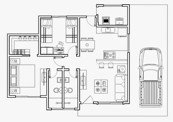 Plan d'étage d'une maison de 2 chambres avec parking 