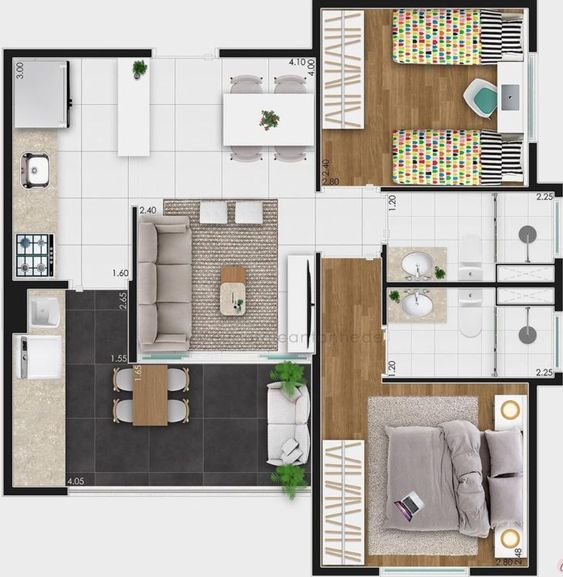 Plan d'étage d'une maison de 2 chambres avec placard et balcon