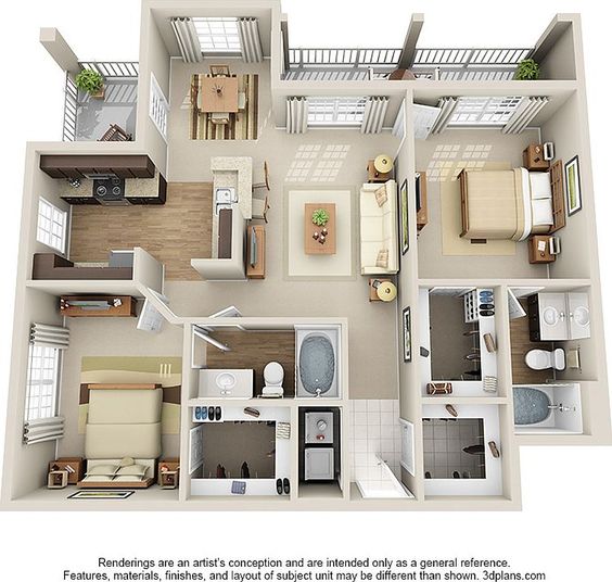 Plan de maison de deux chambres avec petit balcon