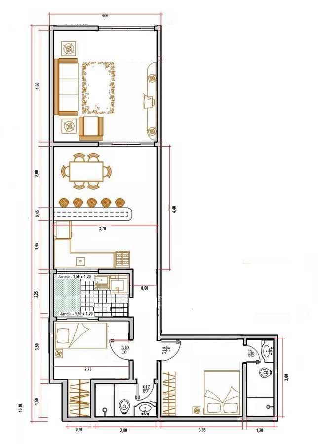 Plan d'étage d'une maison de 2 chambres avec salle à manger