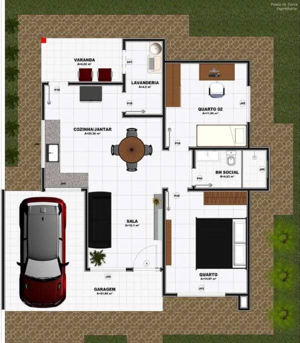 Plan de maison 2 chambres avec cuisine intégrée et salle à manger