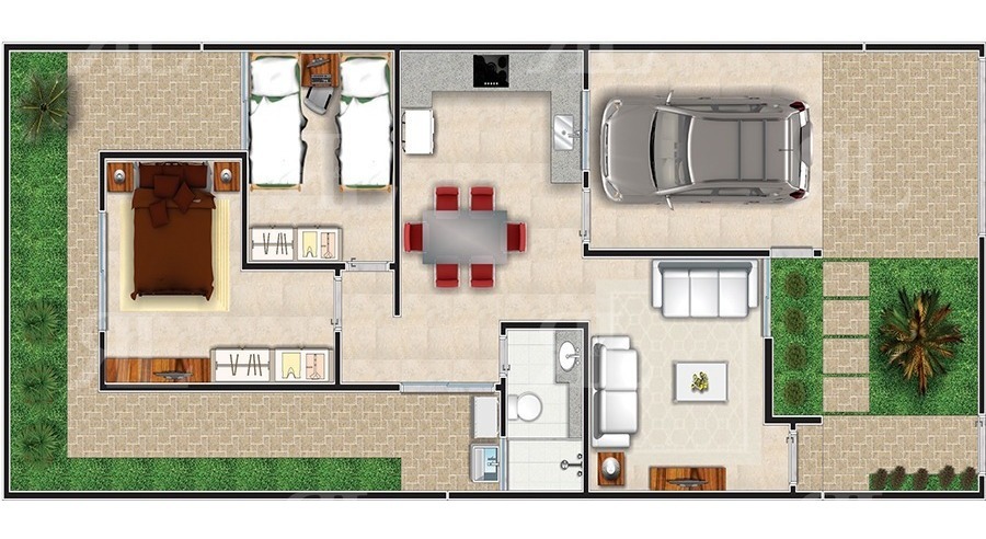 Plan d'étage d'une maison de deux chambres avec jardin à l'avant