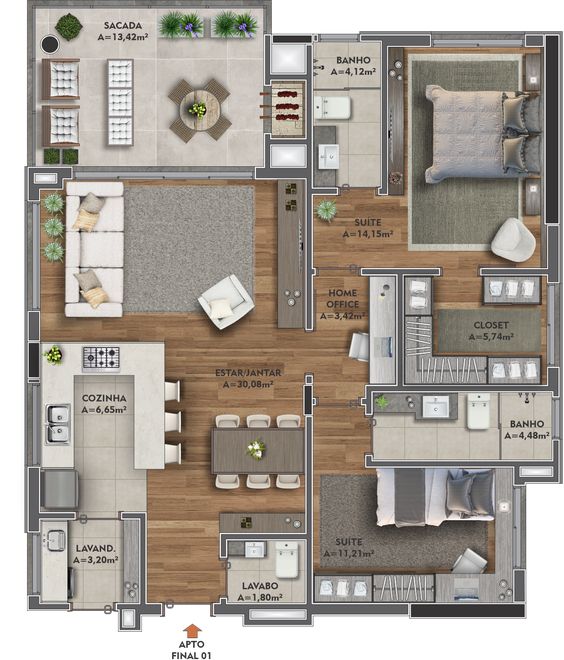 Plan d'étage de la maison avec 2 chambres et espace gourmand