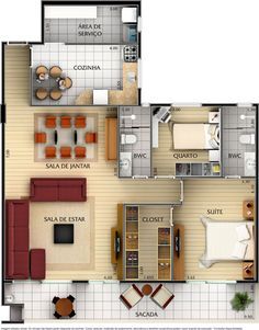 Plan d'étage d'une maison moderne avec 2 chambres et salle de bains avec dressing