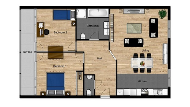 Plan d'étage d'une maison de 2 chambres avec salon intégré