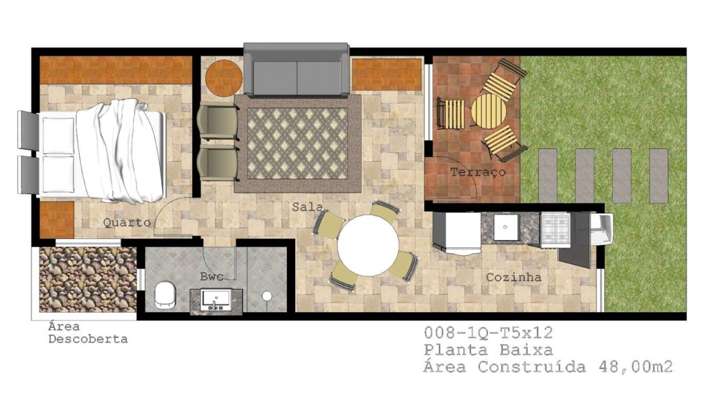 Le plan d'étage Edicule est de 48 m² avec une chambre, une cuisine, un salon et une salle à manger.