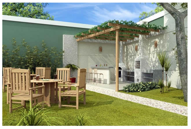 Espace barbecue en briques blanches et jardin.