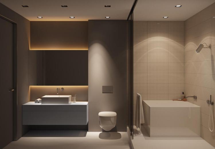 Salle de bain avec plafond en plâtre.