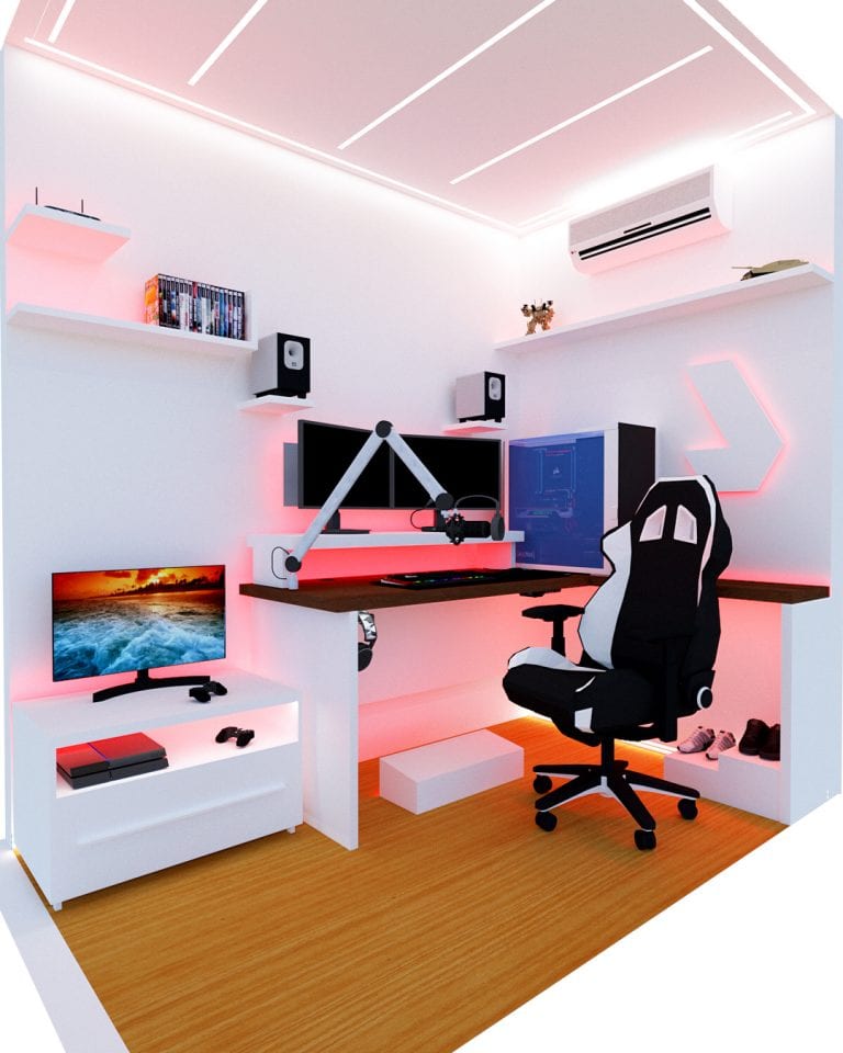 Ensemble gamer au décor blanc et moderne.