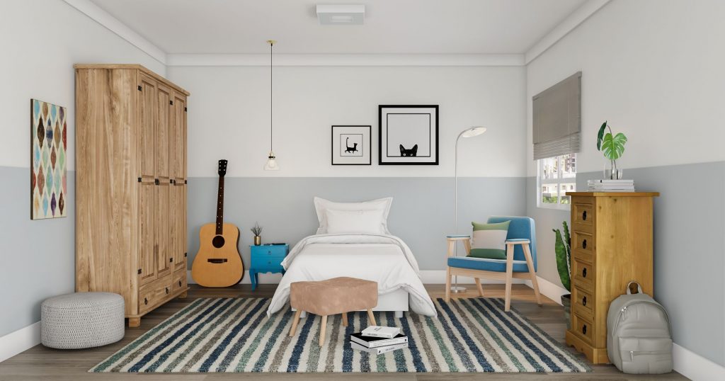 Chambre avec plage et décor minimaliste.