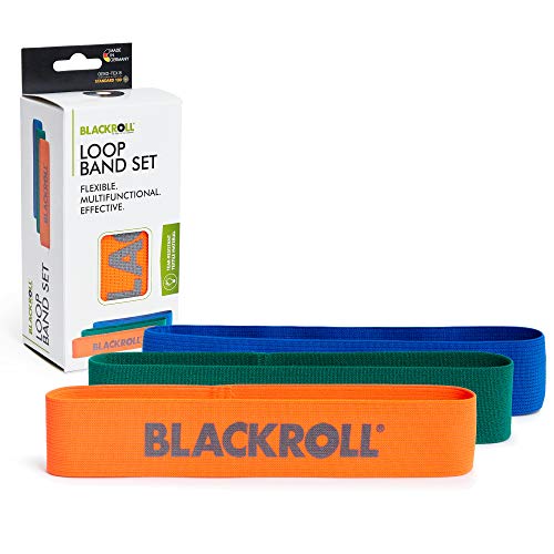 BLACKROLL® LOOP BAND, 3 élastiques de fitness en tissu naturel, élastiques de sport de 32 cm de long, bleu, vert et orange