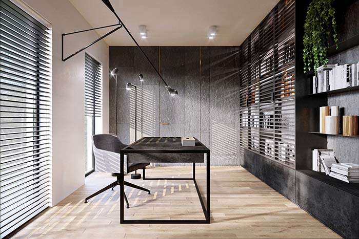 Un bureau calme et moderne parie sur l'utilisation de miracemas gris pour encadrer des projets d'intérieur
