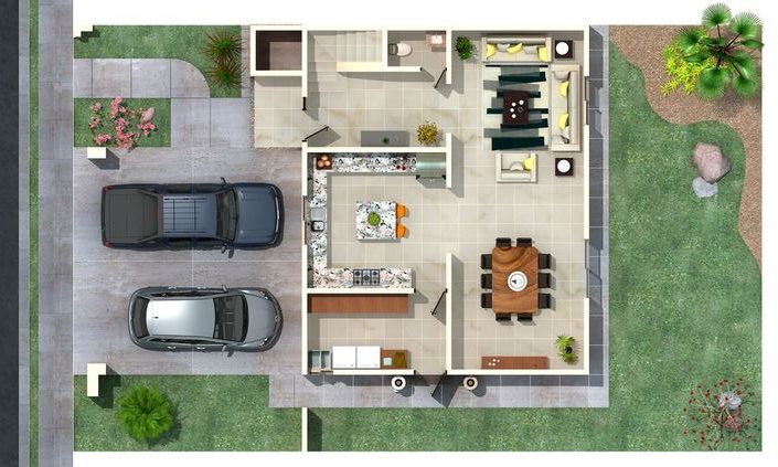 Plan d'étage d'une maison moderne avec deux places de parking et jardin