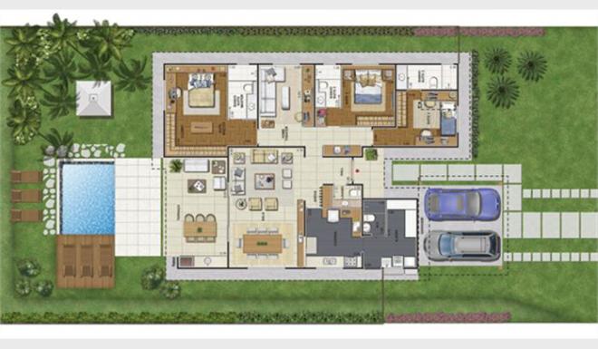 Plan d'étage d'une maison moderne avec piscine