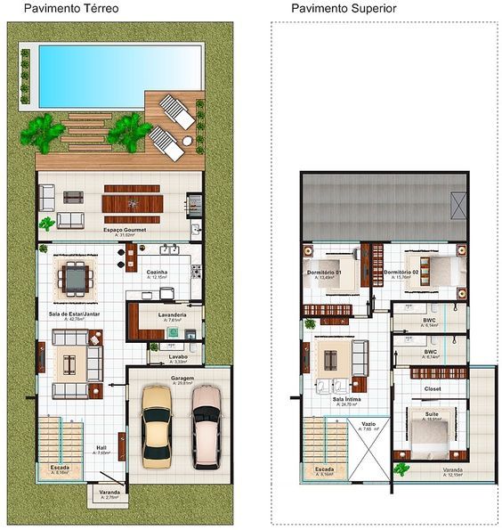 Plan de maison de ville moderne avec piscine et terrasse en bois