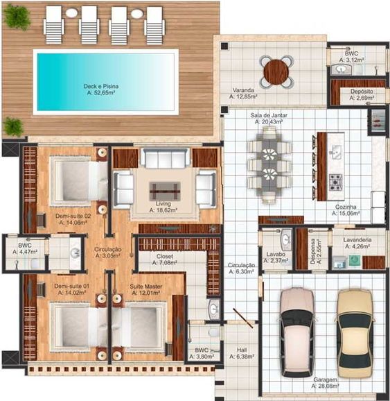 Plan d'étage d'une maison moderne avec piscine et deux places de parking