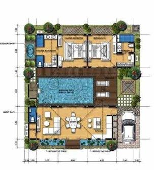 Plan d'étage d'une maison moderne avec piscine au centre