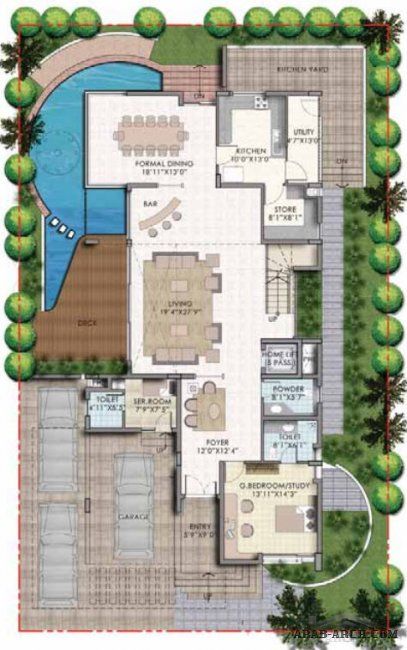 Plan d'étage d'une maison moderne avec bar de terrasse en bois