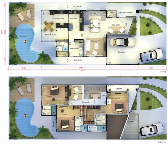 Plan d'étage d'une maison moderne avec piscine et deux places de parking