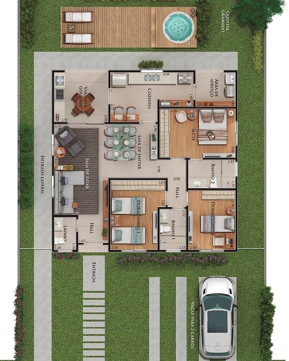 Plan d'étage d'une maison moderne avec bain à remous et terrasse en bois