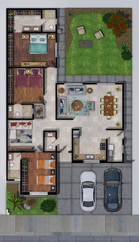 Plan d'étage d'une maison moderne avec jardin et suite parentale