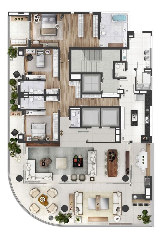 Plan d'étage de maison moderne avec 3 suites et balcon gastronomique