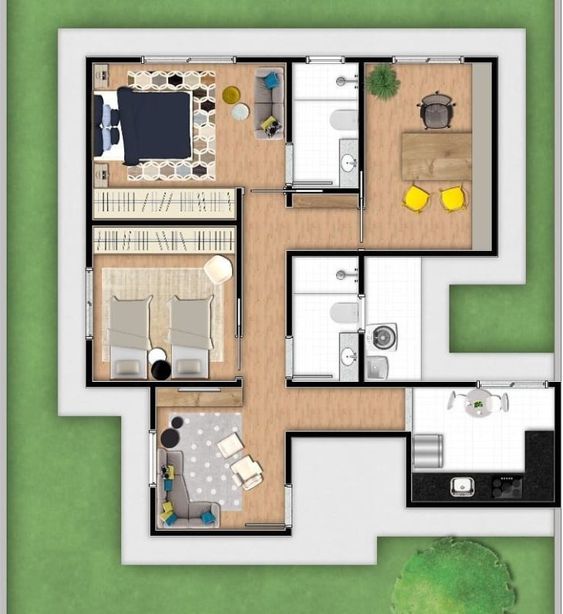 Plan d'étage d'une maison moderne avec bureau 