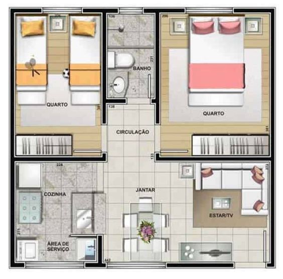 Plan d'étage d'une maison moderne avec 2 chambres et un salon 