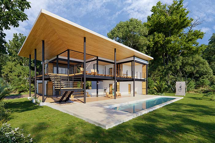 Maison à étage avec structure métallique et toit en bois.