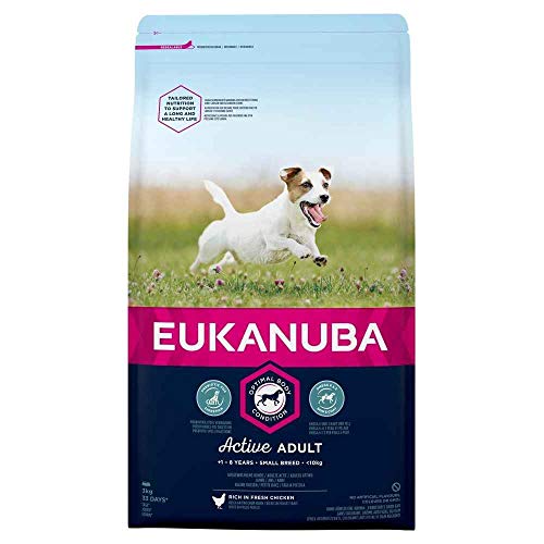 Croquettes Eukanuba pour petits chiens adultes actifs enrichies en poulet frais, 3 kg