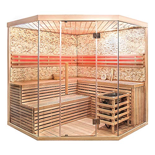 Chambre Familiale Deluxe - Sauna Traditionnel - Grand Mur en Pierre Artificielle Skyline XL - Sapin - Dimensions : 200 x 200 x 210 cm - Accessoires inclus