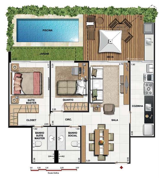 Plan d'étage de la maison avec 2 chambres et piscine