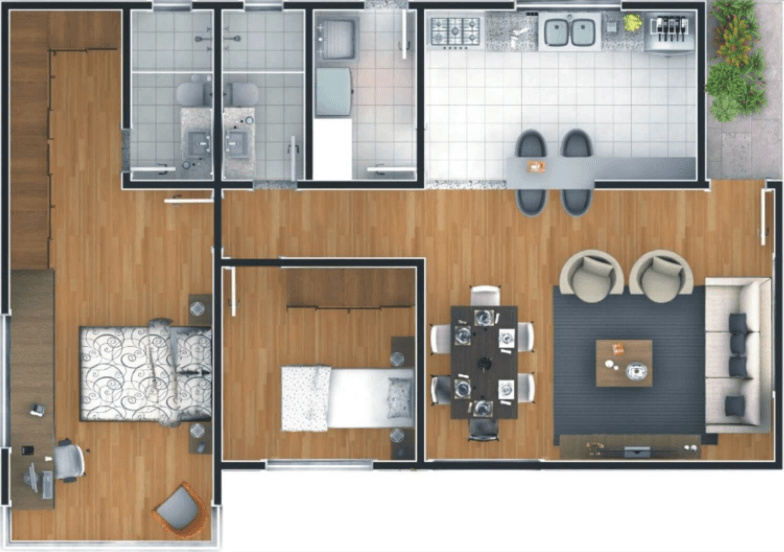 Plan d'étage d'une maison de 2 chambres avec dressing et salle de bains