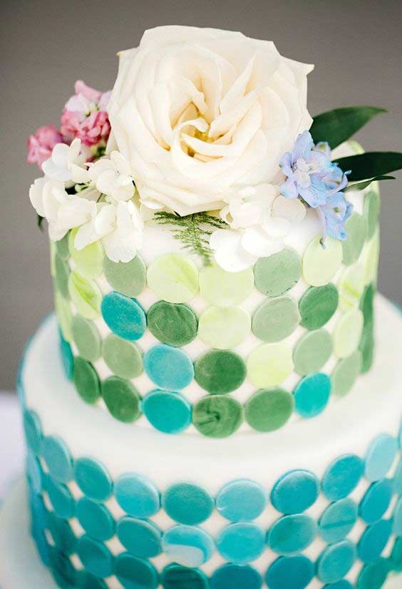 gâteau décoré de bleu, jaune et un peu de vert